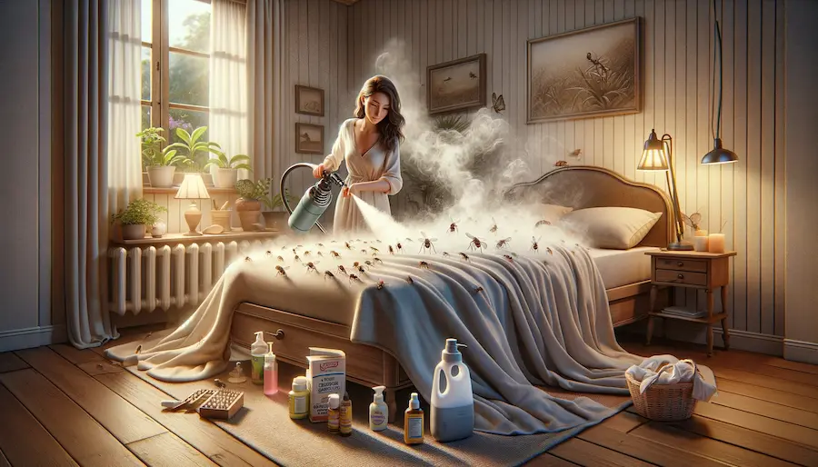 mujer en casa aplicando tratamientos caseros para eliminar las chinches en un colchón